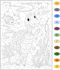 Cartoon turtle and fish in the ocean. Color by number educationa