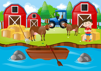 Farm scene with boy and bulls by the stream