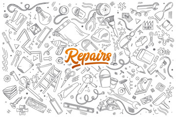 Hand drawn set of repairs instruments doodles with lettering in vector