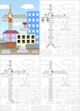 Cartoon crane. Coloring book and dot to dot game for kids
