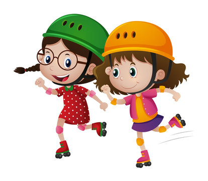 Two girls rollerskate together