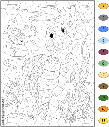 "Cartoon turtle and fish in the ocean. Color by number educationa ...
