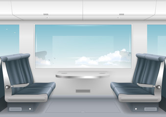 Interior high-speed train or a boat with a passenger compartment and the scenery outside the window. Vector graphics