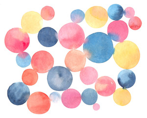 Pink and blue watercolor circles, hand painted illustration isolated on white background. Abstract background with watercolor circle texture, delicate hand drawn print