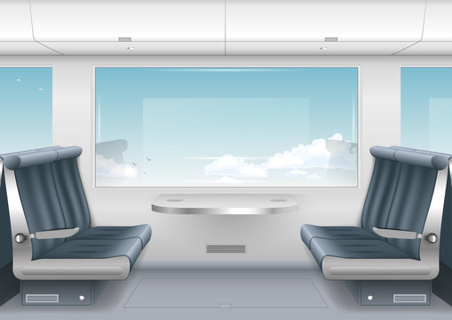 Interior high-speed train or a boat with a passenger compartment and the scenery outside the window. Vector graphics