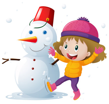 Little girl and snowman