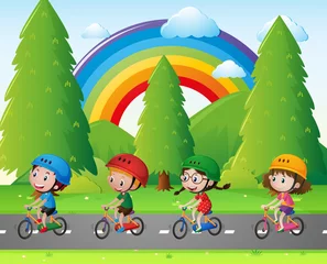 Fotobehang Four kids riding bicycle in park © brgfx
