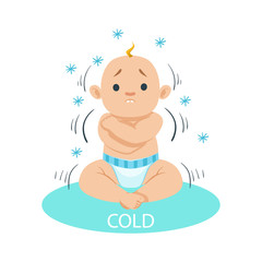 Little Baby Boy In Nappy Shivering Of Cold, Part Of Reasons Of Infant Being Unhappy And Crying Cartoon Illustration Collection