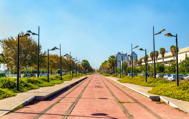 Naklejka premium Tram line under construction near the City of Arts and Sciences in Valencia, Spain