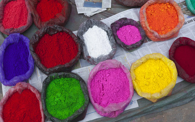 Coloured Diwali paint powder in Kathmandu market 