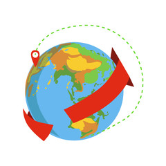 Fototapeta premium Globe With Red Arrow Going Around And Marked Destination Delivery Service Company Symbol Of Worldwide Coverage