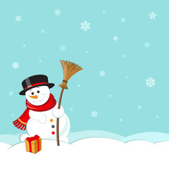 Snowman with hat, scarf and broom on winter landscape background. Christmas greeting card, postcard, poster design. Vector illustration