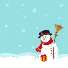 Snowman with hat, scarf and broom on winter landscape background. Christmas greeting card, postcard, poster design. Vector illustration