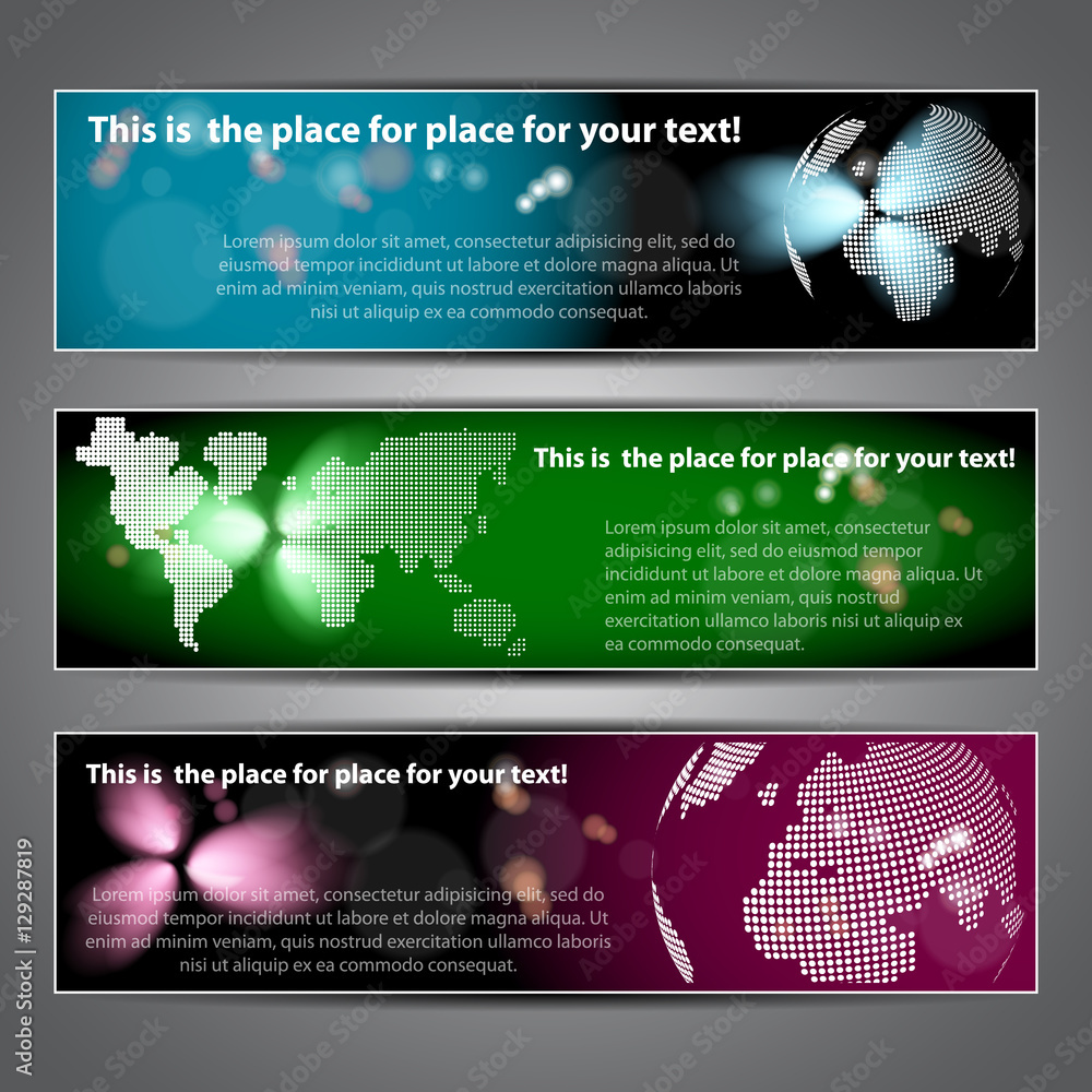 Poster earth globe, word map - set of three colorful horizontal headers or banners with abstract design for
