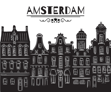Amsterdam. Old historic buildings and traditional architecture of Netherlands. Isolated elements. Design concept for banner, card, scrap booking, print, poster. Vintage hand drawn vector illustration 