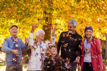 Happy family enjoying at park during autumn