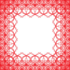 Square border frame with red abstract guilloche lace contour on white (transparent) background. Can be used for invitations, poster or greeting cards. Vector illustration eps