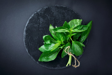 Fresh bunch of basil on the black slate plate background. Top view. Selective focus.