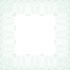 Square line border frame with abstract guilloche lace contour vector illustration, white (transparent) background. Invitations, banknotes, diplomas, certificates, tickets, other papers security design