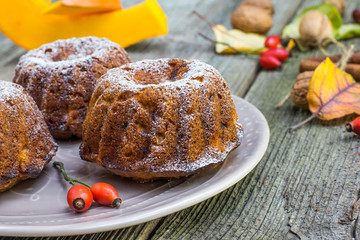 Detail on Pumpkin cakes with walnut, rose hip and autumn leaves