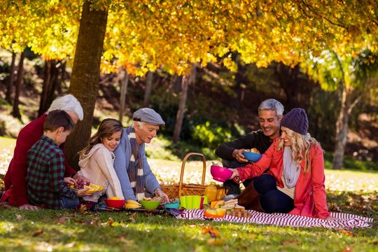 Happy Family Having Breakfast At Park