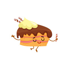 Funny sponge cake character with chocolate cream topping, cartoon style vector illustration isolated on white background. Cute smiley piece of birthday cake character with eyes and legs