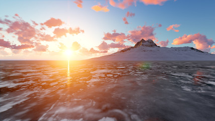 Beautiful snow-capped mountains on sunset 3D rendering