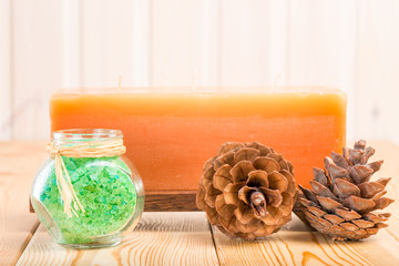 handmade candles and salt with natural pine extract closeup