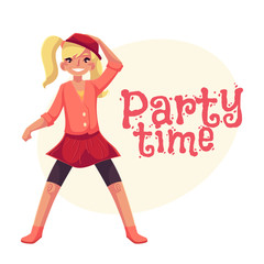 Full length portrait of teenaged blond girl in pink clothes dancing, cartoon style invitation, greeting card design. Party invitation, advertisement, Smiling blond girl with ponytails dancing