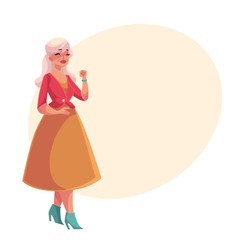 Old, senior, gray-haired elegant lady dancing, cartoon style vector illustration isolated on yellow background with place for text. Full length portrait of elegntly dressed old woman dancing