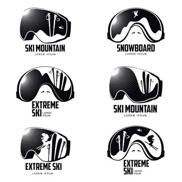 Black and white graphic mountain skier goggles logo, vector illustration isolated on white background. Collection of mounting skiing logo designs with goggles, mask, glasses, skis, mountains and snow