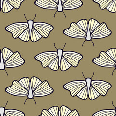 Pattern of moths on sand color background. Seamless vector hand drawn texture of insects.