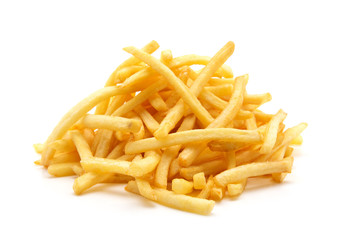 a pile of appetizing french fries on a white background