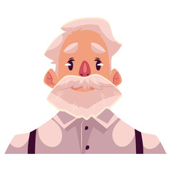 Grey haired old man face, neutral facial expression, cartoon vector illustrations isolated on background. Old man, grandfather emoji feeling glad, serene, relaxed, delighted. Neutral face expression