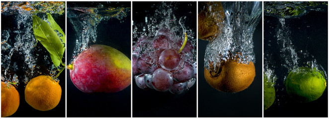 Fruits falling into the water with splashes and bubbles. Collage of photos.