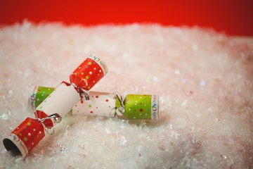 Fototapeta na wymiar Close-up of christmas crackers on snow