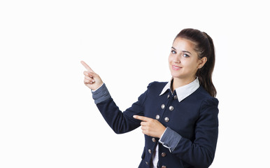 Business woman is pointing aside. Isolated on white.