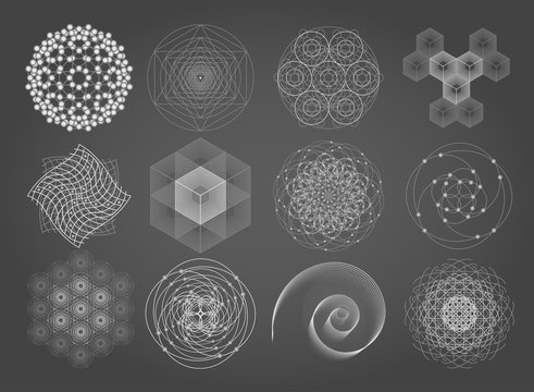 Sacred geometry symbols and elements set. 12 in 1.  Cosmic, universe, big bang, alchemy, religion, philosophy, astrology, science, physics, chemistry and spirituality themes. Matter, space, time.