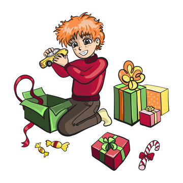 Vector isolated cartoon style illustration of a happy kid boy unpacking christmas presents. Winter holidays, playing, toy car. Coloring book