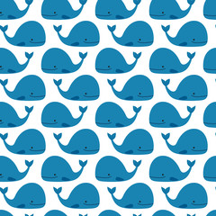 Blue cute whales pattern on white background. Vector illustration