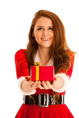 Cute brunete girl in santa claus dress with presents for christm