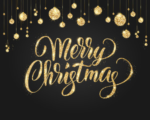 Black and gold Christmas background with glitter decoration. Hand drawn lettering