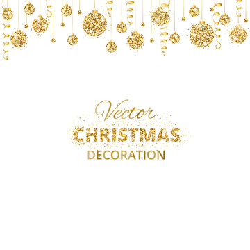 Background with hanging christmas balls and ribbons isolated on white.