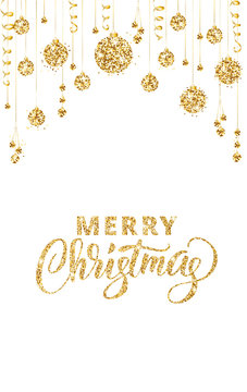Merry christmas card with hand drawn lettering and golden glitter decoration