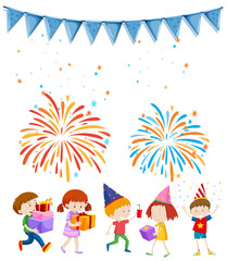 Kids at party with firework background