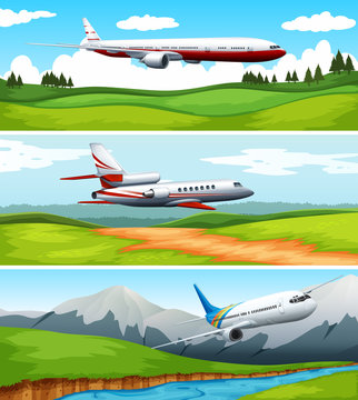 Three scenes of airplane flying over the field