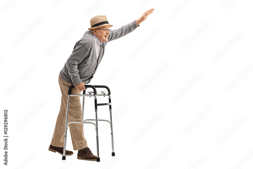 Canvas Prints elderly man with a walker waving