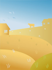  illustration: Autumn summer sunshine landscape with fields, farm, country