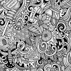 Cartoon cute doodles hand drawn Honey seamless pattern