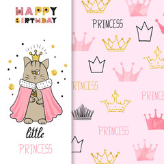 Watercolor birthday greeting card design for little girl. Vector illustration of cute little princess cat.
